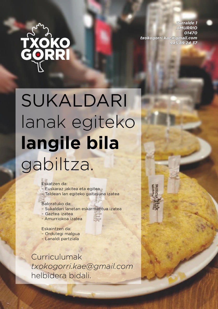 Sukaldari lanak egiteko langile bila gabiltza
