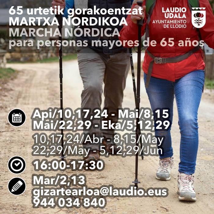 65 urtetik gorako Laudioko herritarrek Martxa Nordiko jardueraz gozatzeko aukera izango dute apirila, maiatza eta ekainean zehar