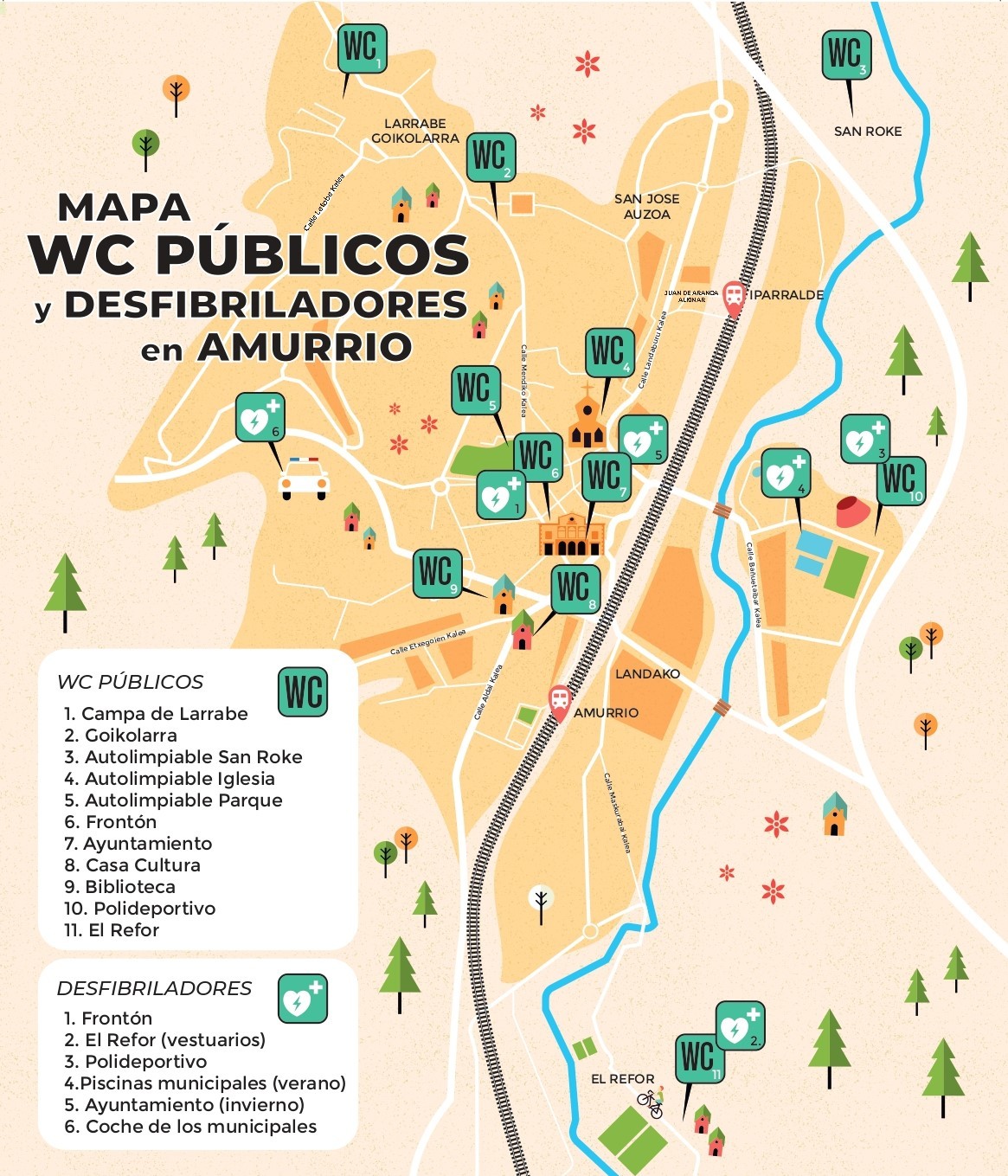 Amurriok mapa batean irudikatu ditu erabilera publikoko komunak eta desfibriladoreak