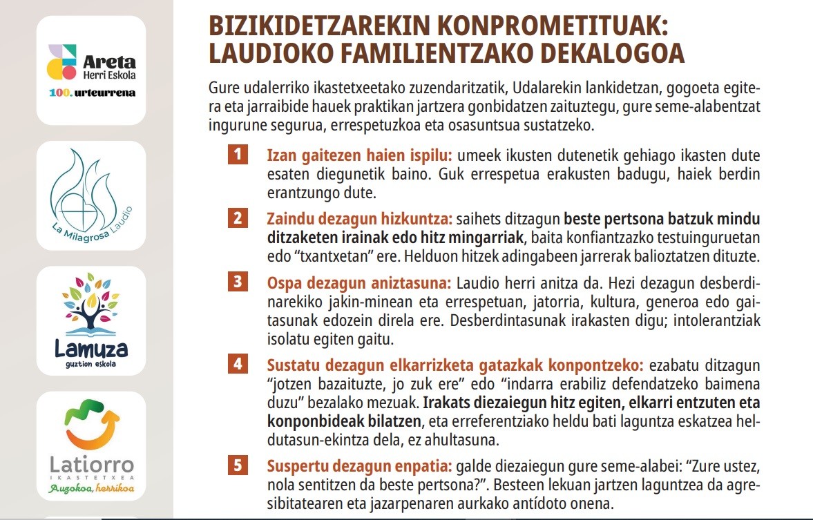 Laudioko Udalak eta ikastetxeek 'Bizikidetzarekin konprometituak' dekalogoa abiarazi dute