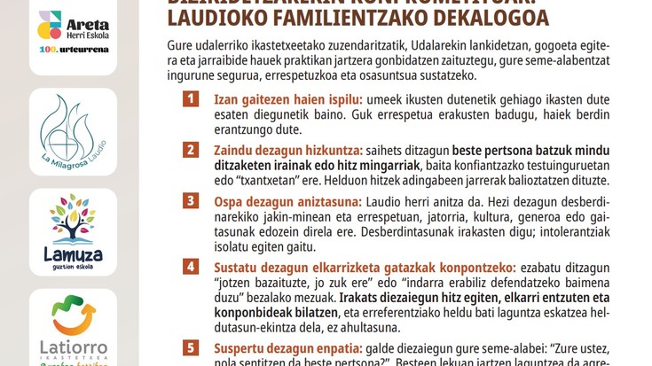 Laudioko Udalak eta ikastetxeek 'Bizikidetzarekin konprometituak' dekalogoa abiarazi dute