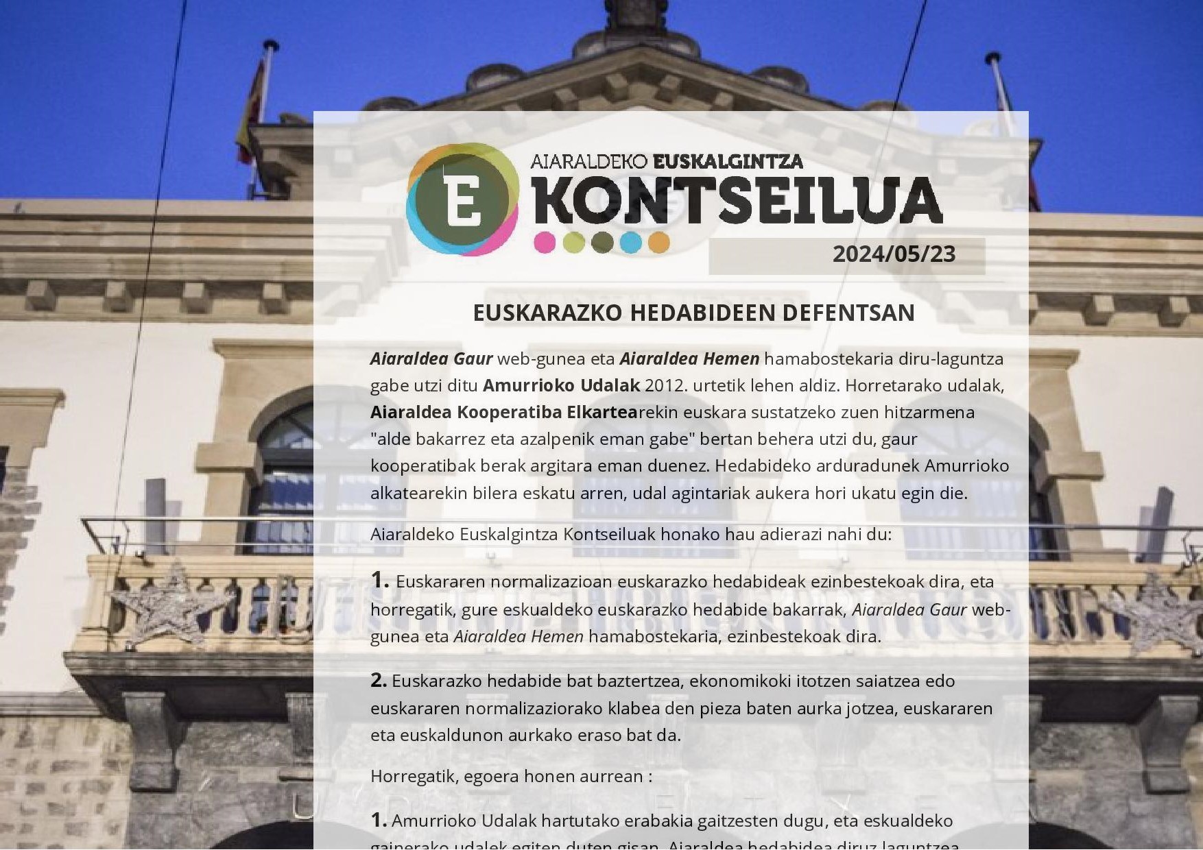 Elkartasun uholdea jaso du Aiaraldea Komunikabideak, Amurrioko Udal Gobernu Taldeak dirulaguntza kendu eta gero