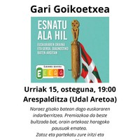 "Esnatu ala hil" liburuari buruzko hitzaldia Gari Goikoetxearekin
