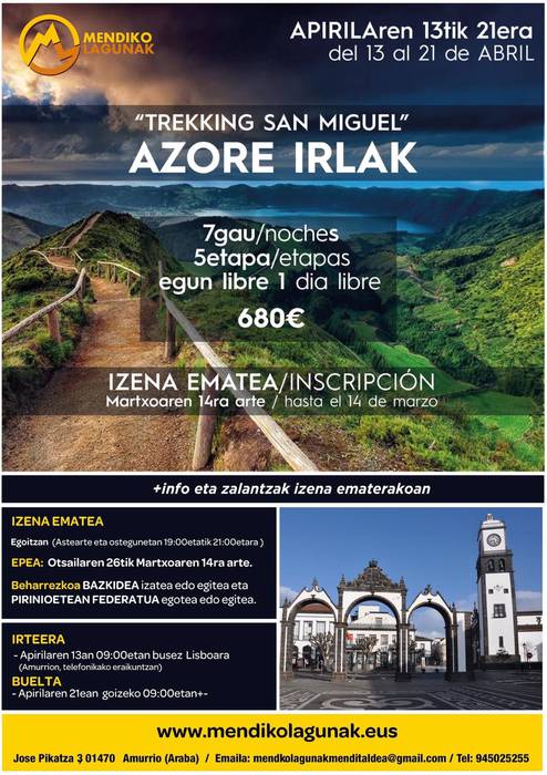 Azore irletan trekking txangora joateko izena emateko azken eguna