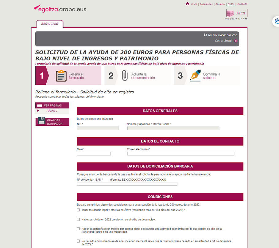 Foru Aldundiak inprimaki bat gaitu du bere web orrian, diru sarrera eta ondare gutxiko pertsonentzako 200 euroko laguntza eskatzeko
