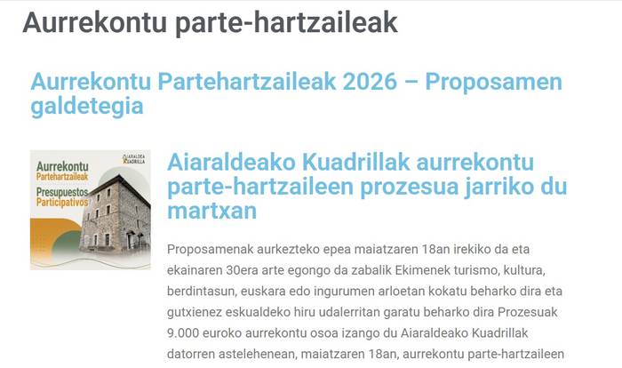 Aiaraldeko Kuadrillak partaidetzazko aurrekontuen bozketa epea ireki du
