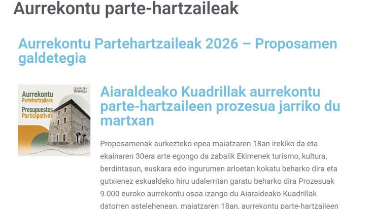 Aiaraldeko Kuadrillak partaidetzazko aurrekontuen bozketa epea ireki du