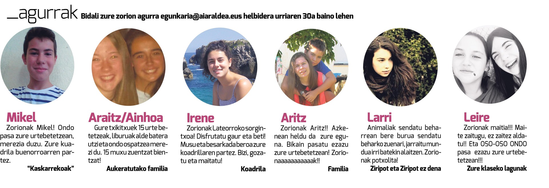 Egunkariaren 39. zenbakiko ZORION AGURRAK