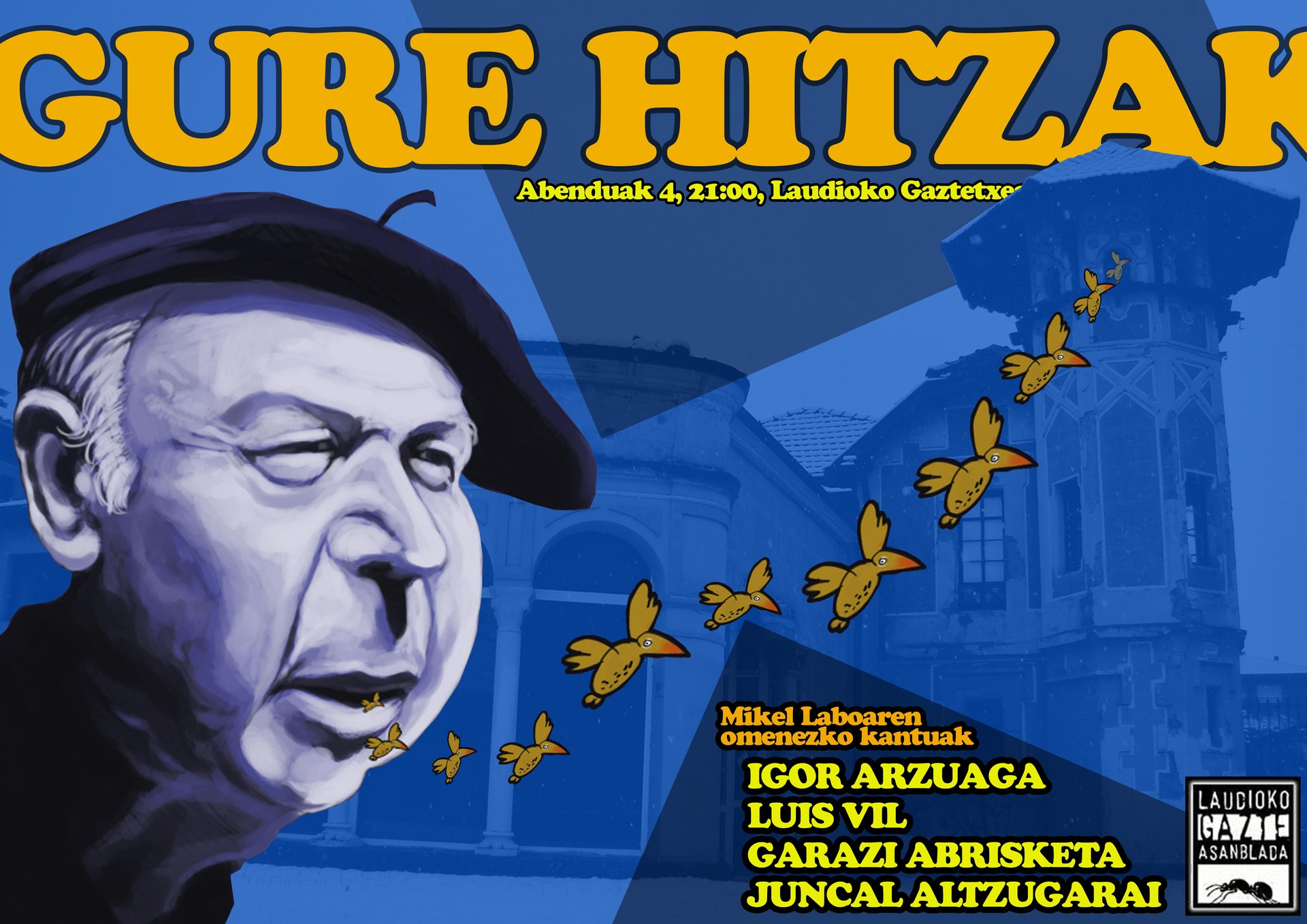 Gure hitzak: Mikel Laboaren omenezko kantuak Laudioko Gaztetxea ostiralean