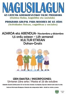 65 urtetik gorakoentzako Nagusilagun programa azaroan hasiko da berriro