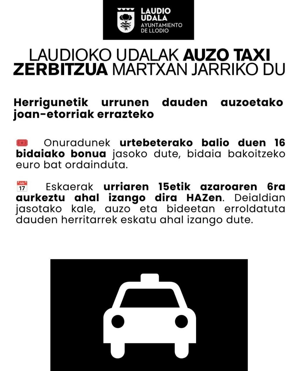 Laudioko Udalak Auzo Taxi zerbitzua martxan jarriko du, herrigunetik urrunen dauden auzoetako joan-etorriak errazteko
