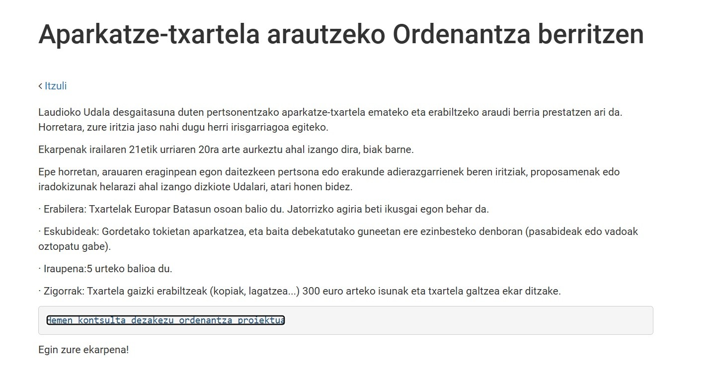 Laudioko Udalak desgaitasuna duten pertsonentzako aparkatze-txartela arautuko duen ordenantza berritzeko prozesua abiatu du