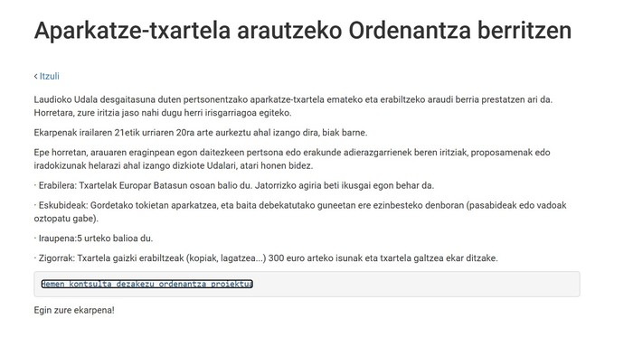 Laudioko Udalak desgaitasuna duten pertsonentzako aparkatze-txartela arautuko duen ordenantza berritzeko prozesua abiatu du