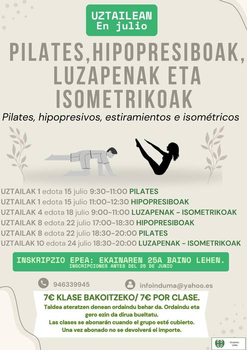 Pilates, hipopresibo, luzapen eta isometrikoen saioetan izena emateko azken eguna