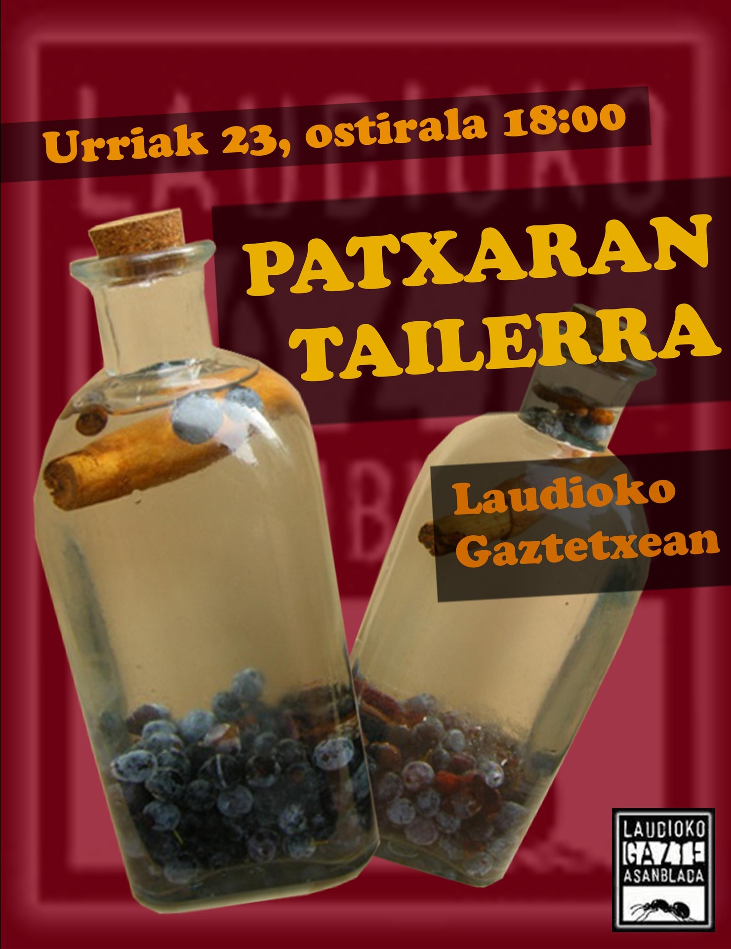 Patxaran tailerra egingo da ostiralean Laudioko Gaztetxean