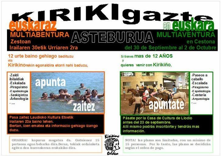 Kirikiño Aisialdi Taldeak multiabentura asteburu bat antolatu du