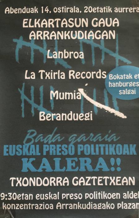 Euskal Preso Politikoen Aldeko  Elkartasun Gaua: La Txirla Records, Lanbroa, Mumia eta Beranduegi