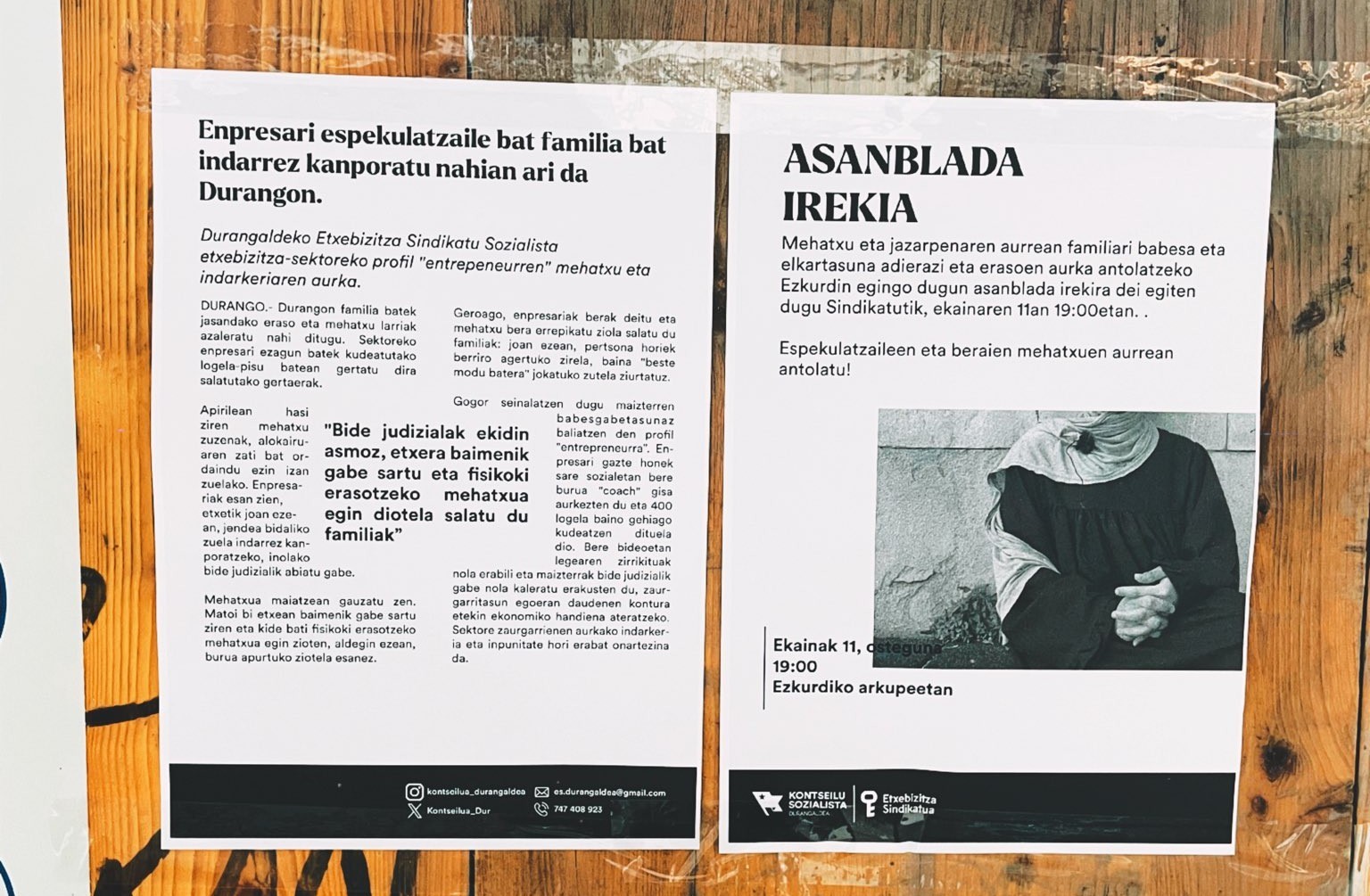 Xabier Eguia laudioarraren praktika enpresarialak salatu ditu Etxebizitza Sindikatu Sozialistak Durangon