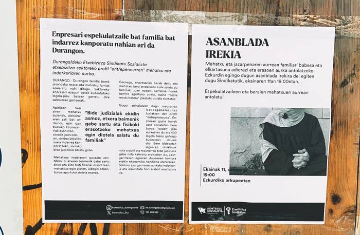 Xabier Eguia laudioarraren praktika enpresarialak salatu ditu Etxebizitza Sindikatu Sozialistak Durangon