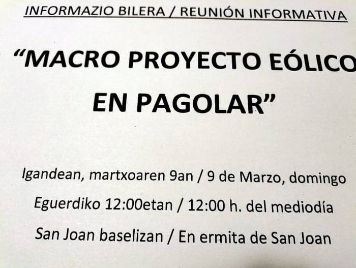 Pagolarreko parke eolikoaren proiektuari buruzko bilera informatiboa