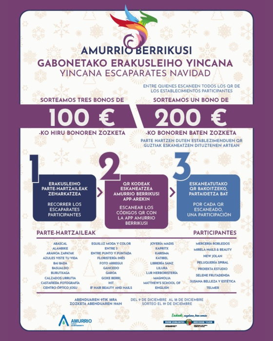 Amurriok tokiko merkataritza bultzatuko du 100 eta 200 euroko erosketa-txartelak zozketatuko dituen Gabonetako erakusleihoen Yinkanaren bitartez