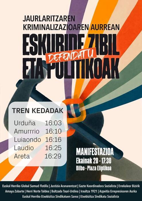 "Jaurlaritzaren kriminalizazioaren aurrean, eskubide zibil eta politikoak defendatu" mobilizaziora joateko tren kedadak