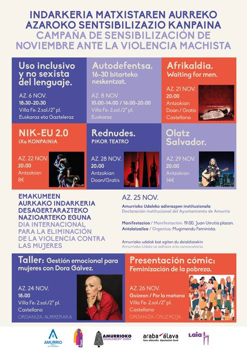 Amurrioko Udalak azaroaren 25erako egitaraua aurkeztu du, Emakumeen Aurkako Indarkeriaren Ezabatzeko Nazioarteko Eguna dela eta
