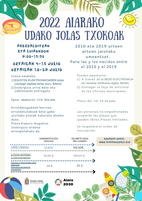 Udako Jolas Txokoetan izena emateko ireki du Aiarako Udalak
