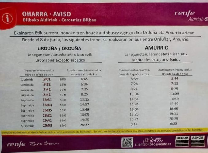 Renfek hainbat tren zerbitzu kenduko ditu Urduña eta Amurrio artean eta autobusa eskainiko du horien ordez
