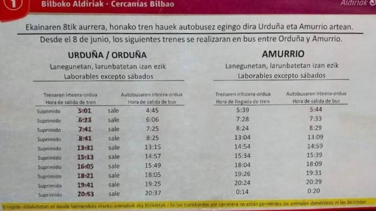 Renfek hainbat tren zerbitzu kenduko ditu Urduña eta Amurrio artean eta autobusa eskainiko du horien ordez