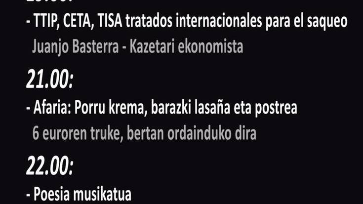 TTIP, CETA eta TISAri buruzko hitzaldia + afaria + poesia musikatua