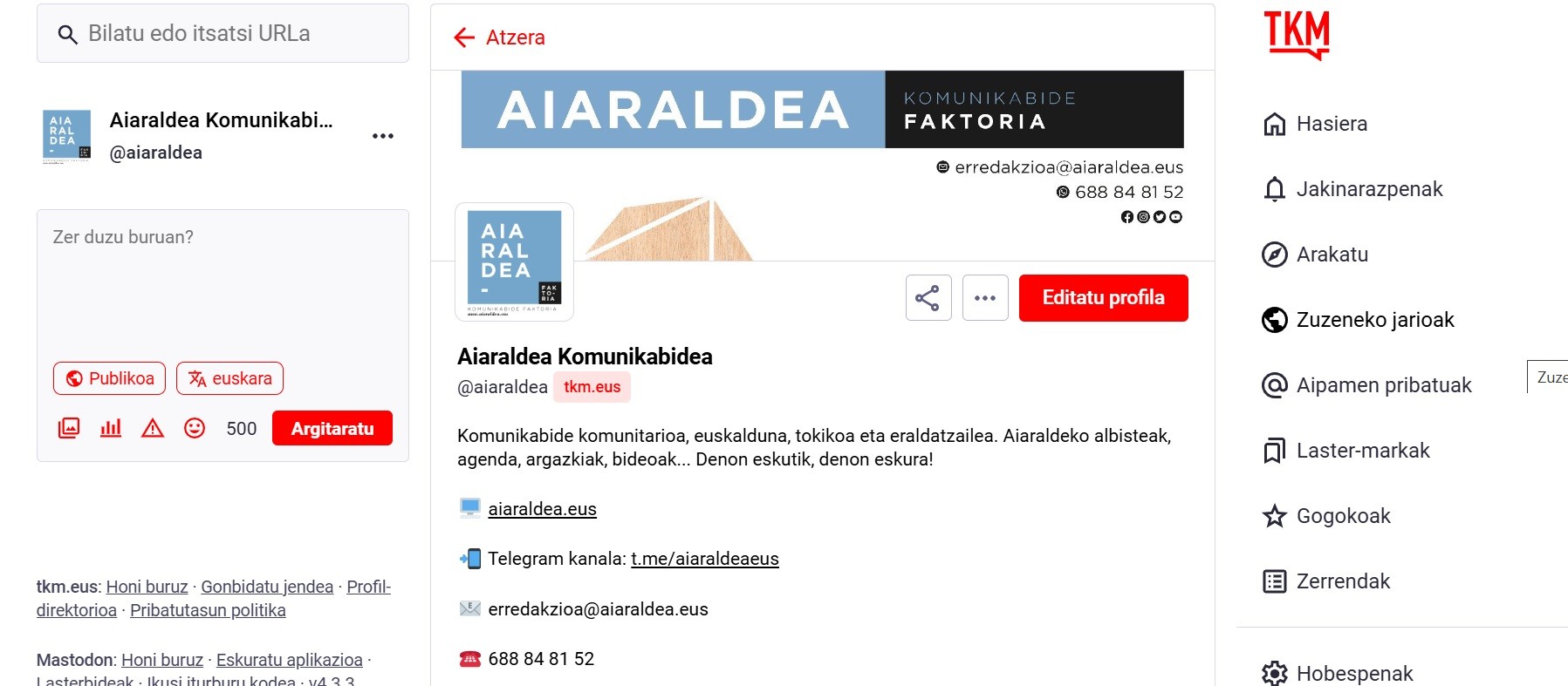 Aiaraldea Komunikabidea Mastodon sare sozial askera batu da