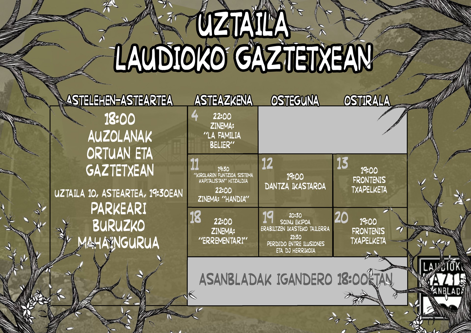 Auzolanak, hitzaldiak, tailerrak eta beste hainbat ekintza Laudioko Gaztetxeko uztaileko egitarauan