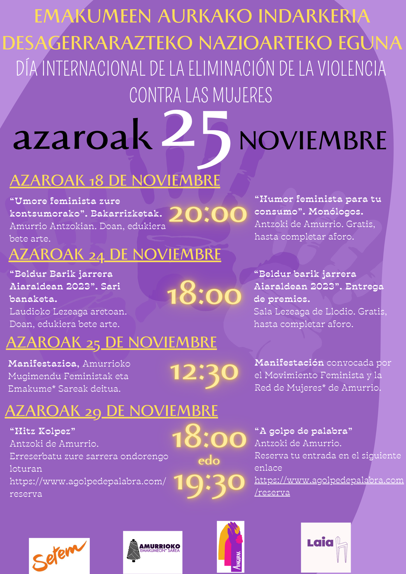 Amurrioko Udalak Azaroaren 25eko programazioa aurkeztu du, Emakumeen Aurkako Indarkeria Desagerrarazteko Nazioarteko Eguna dela eta