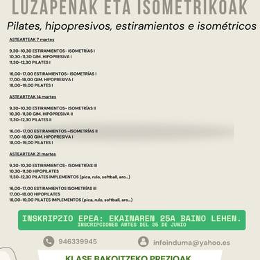 Pilates, hipopresiboak, luzapenak eta isometrikoak