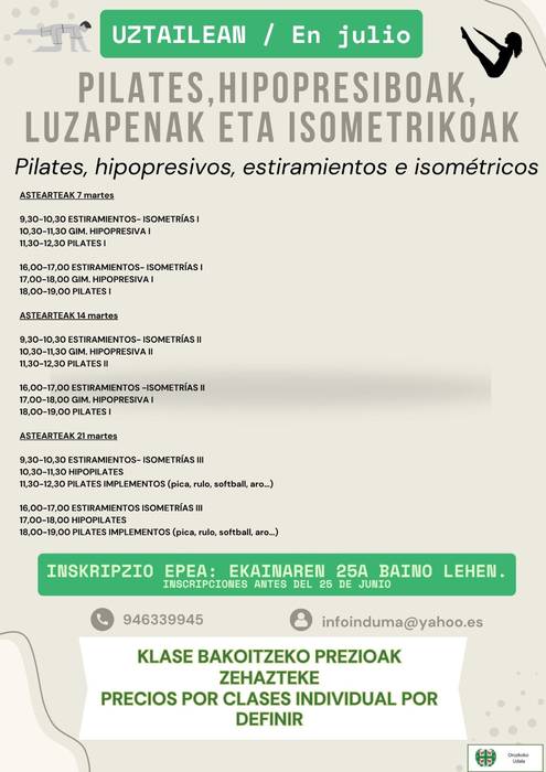 Pilates, hipopresiboak, luzapenak eta isometrikoak