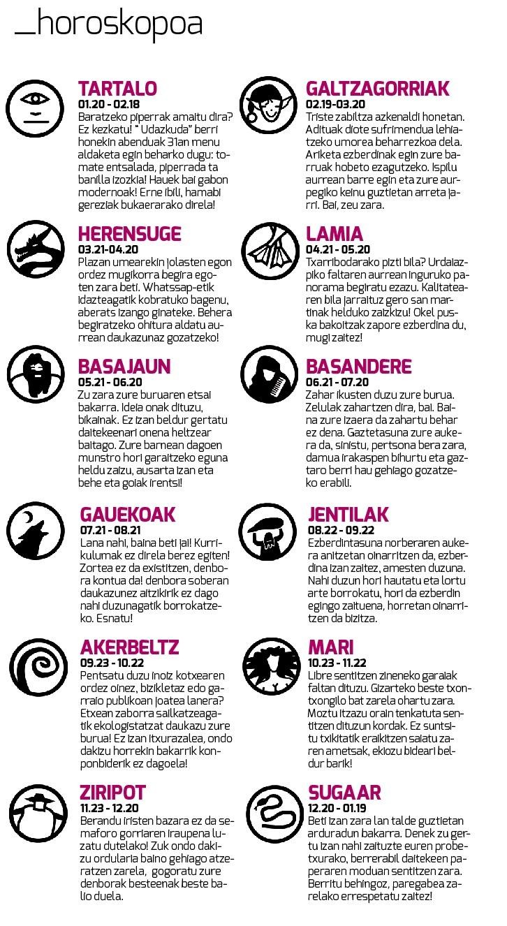 Aiaraldea egunkariaren 22. aleko horoskopoa. Zein da zure zeinua?