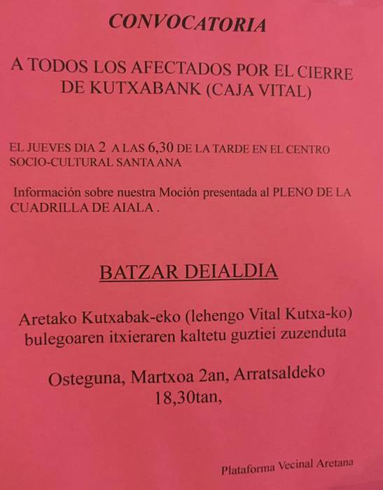 Kutxabanken bulegoaren itxierak kaltetutako lagunen bilera
