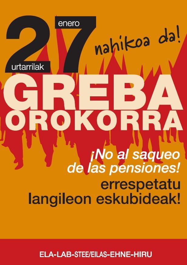 Pentsioen Erreformari ezezkoa emateko 27ko greba orokorrean parte hartzera deitu du LABek