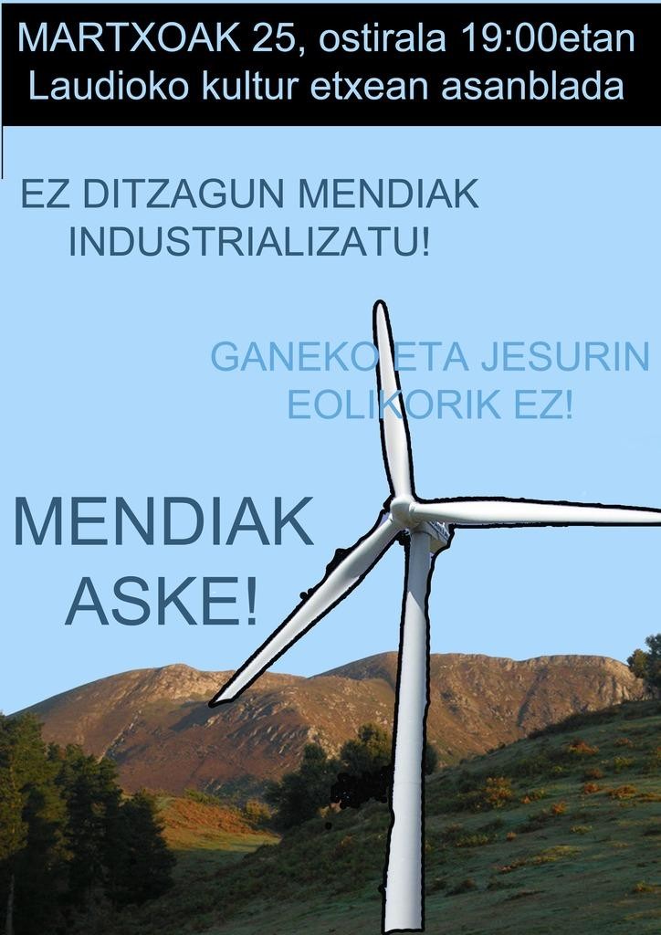 Jesuri eta Ganekogortako eolikoak eraikitzearen kontra asanblada deitu dute etzirako