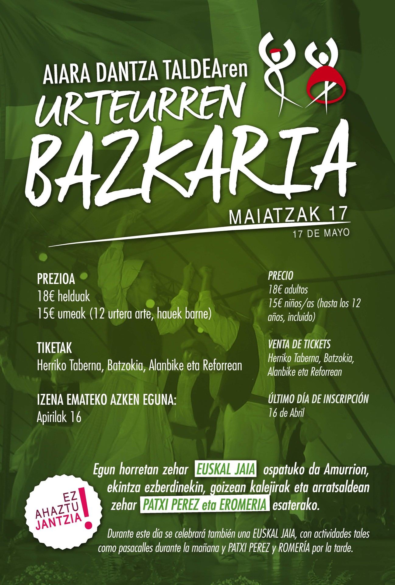 Maiatzaren 17an Aiara Dantza Taldearen urteurren bazkaria egingo dute