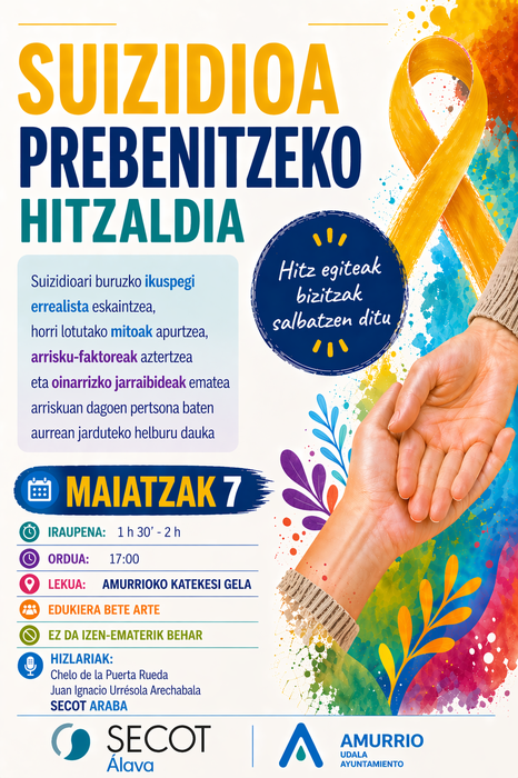 Amurrioko Udalak hitzaldi bat antolatu du suizidioa ikusarazteko eta prebenitzeko, informazioaren eta detekzio goiztiarraren bidez