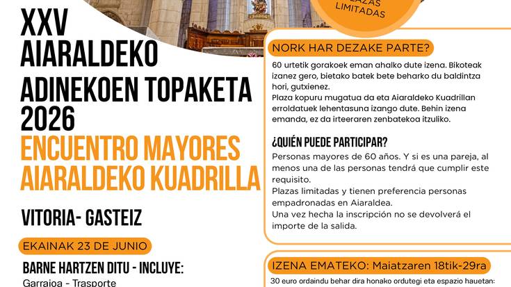 Aiaraldeko Kuadrillak ekainaren 23an egingo du Nagusien XXV. Topaketa Gasteizen